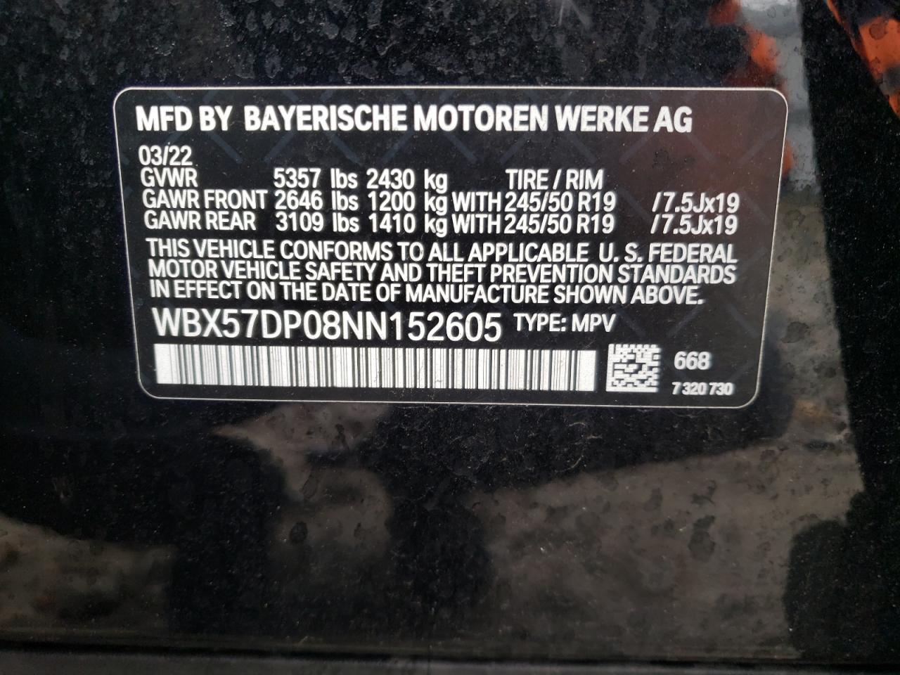 2022 BMW X3 XDRIVE30I VIN:WBX57DP08NN152605