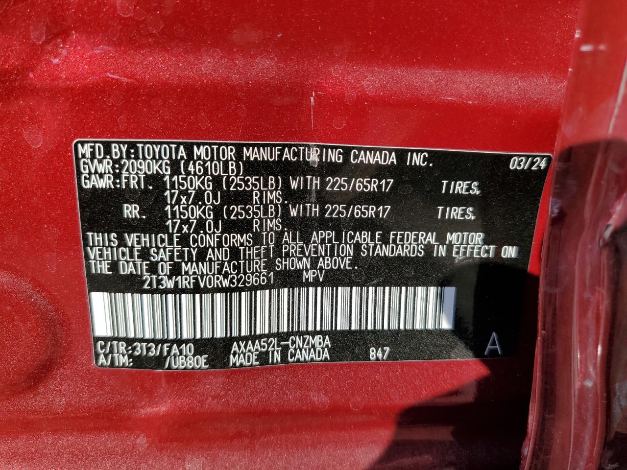 2024 TOYOTA RAV4 XLE VIN:2T3W1RFV0RW329661