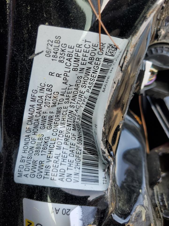 2022 HONDA CIVIC SPORT VIN:2HGFE2F59NH589533