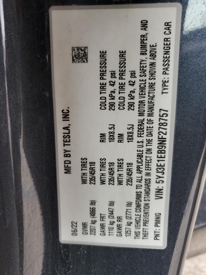 2022 TESLA MODEL 3  VIN:5YJ3E1EB9NF278757