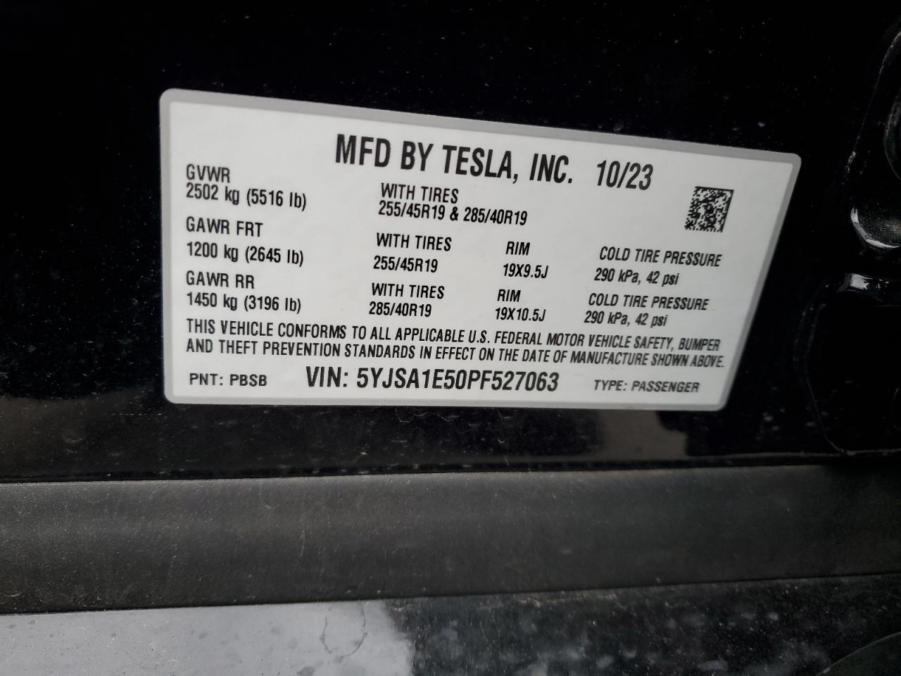 2023 TESLA MODEL S  VIN:5YJSA1E50PF527063