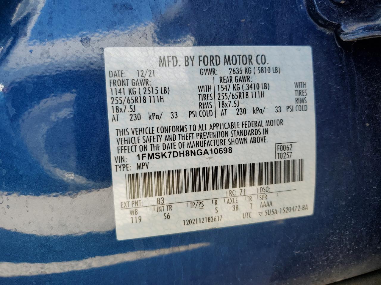 2022 FORD EXPLORER XLT VIN:1FMSK7DH8NGA10698
