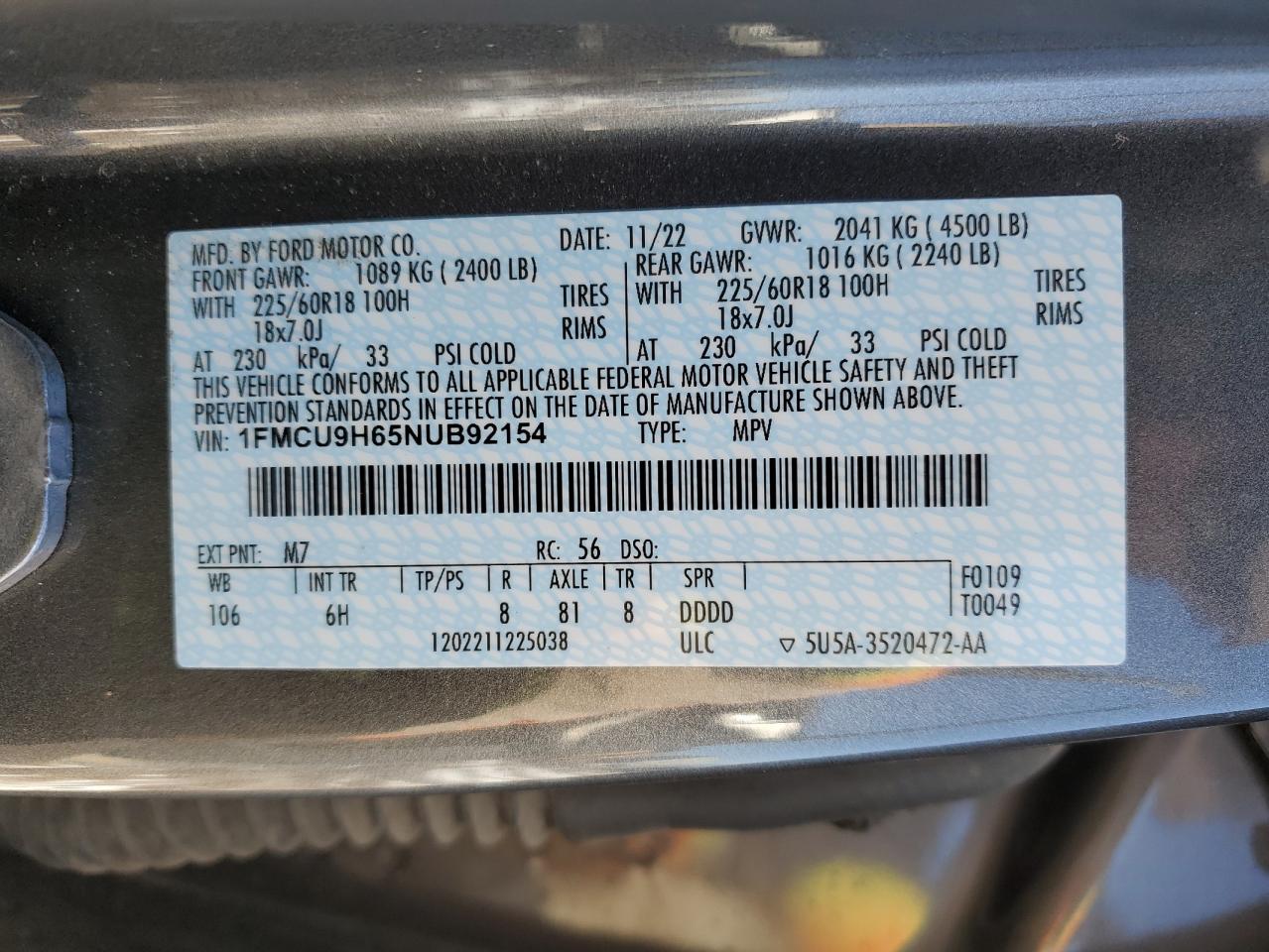 2022 FORD ESCAPE SEL VIN:1FMCU9H65NUB92154