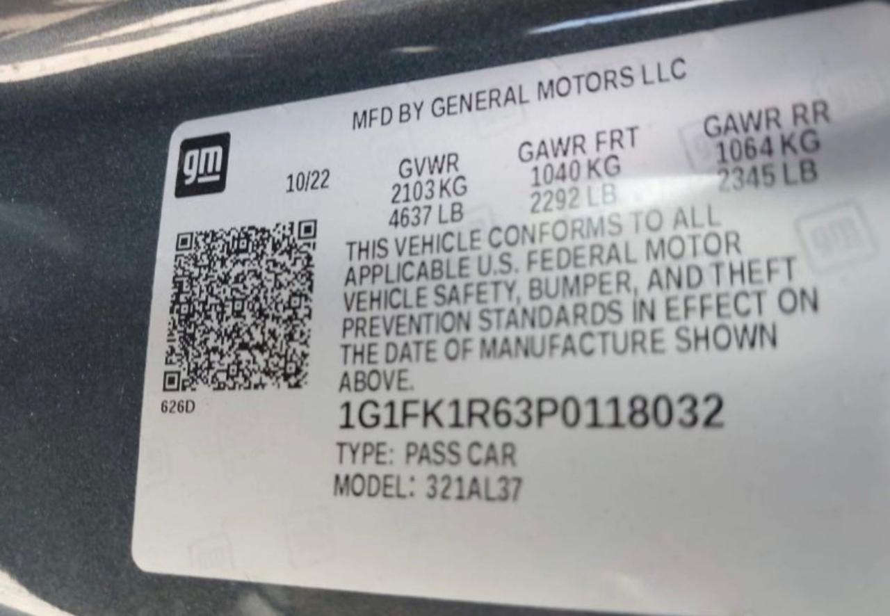 2023 CHEVROLET CAMARO ZL1 VIN:1G1FK1R63P0118032