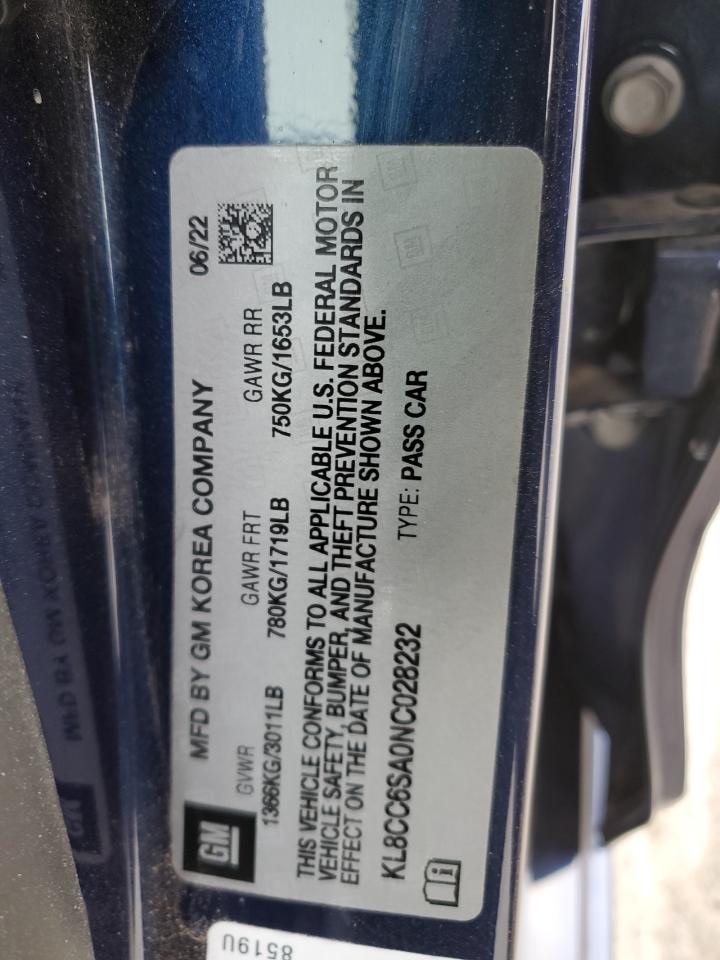 2022 CHEVROLET SPARK 1LT VIN:KL8CC6SA0NC028232