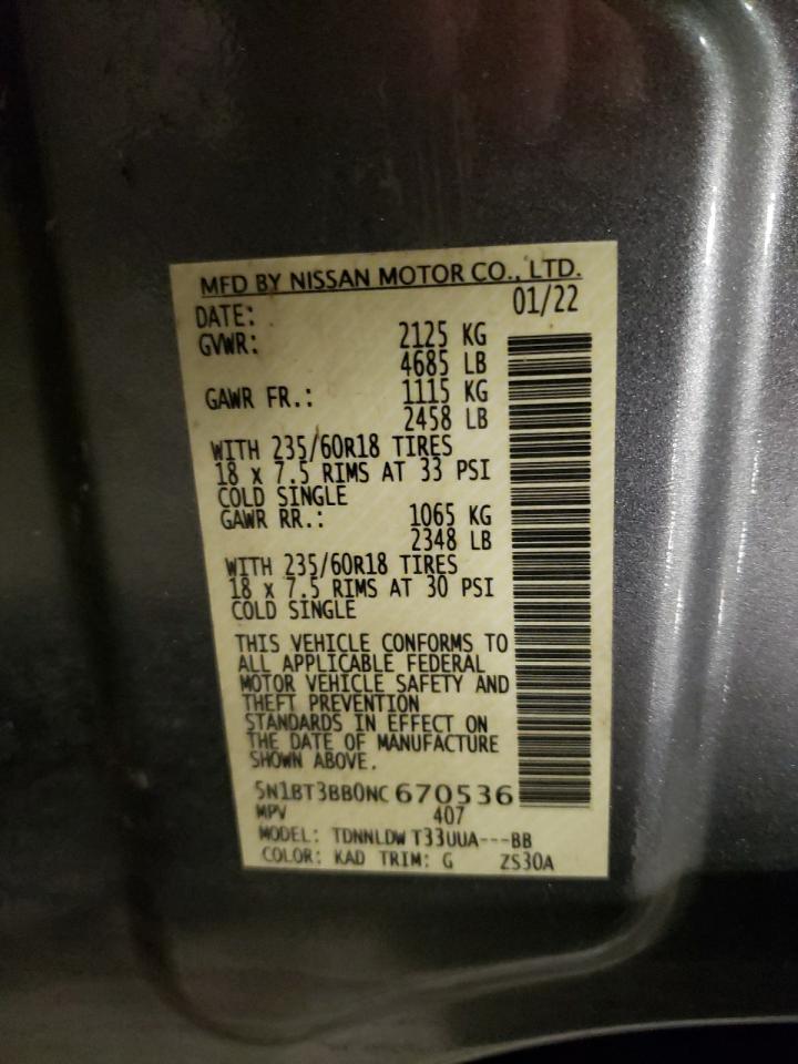 2022 NISSAN ROGUE SV VIN:5N1BT3BB0NC670536