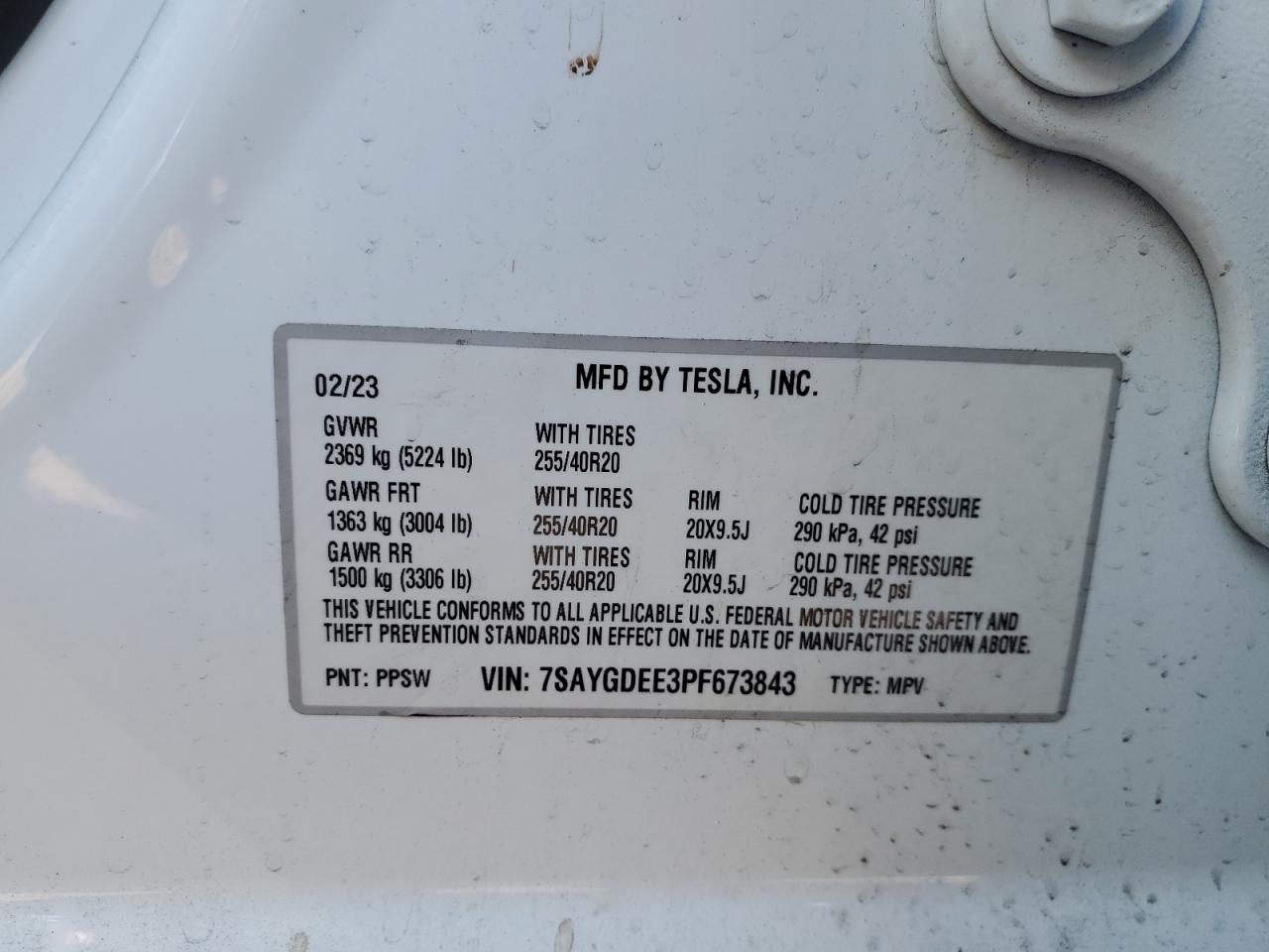 2023 TESLA MODEL Y  VIN:7SAYGDEE3PF673843