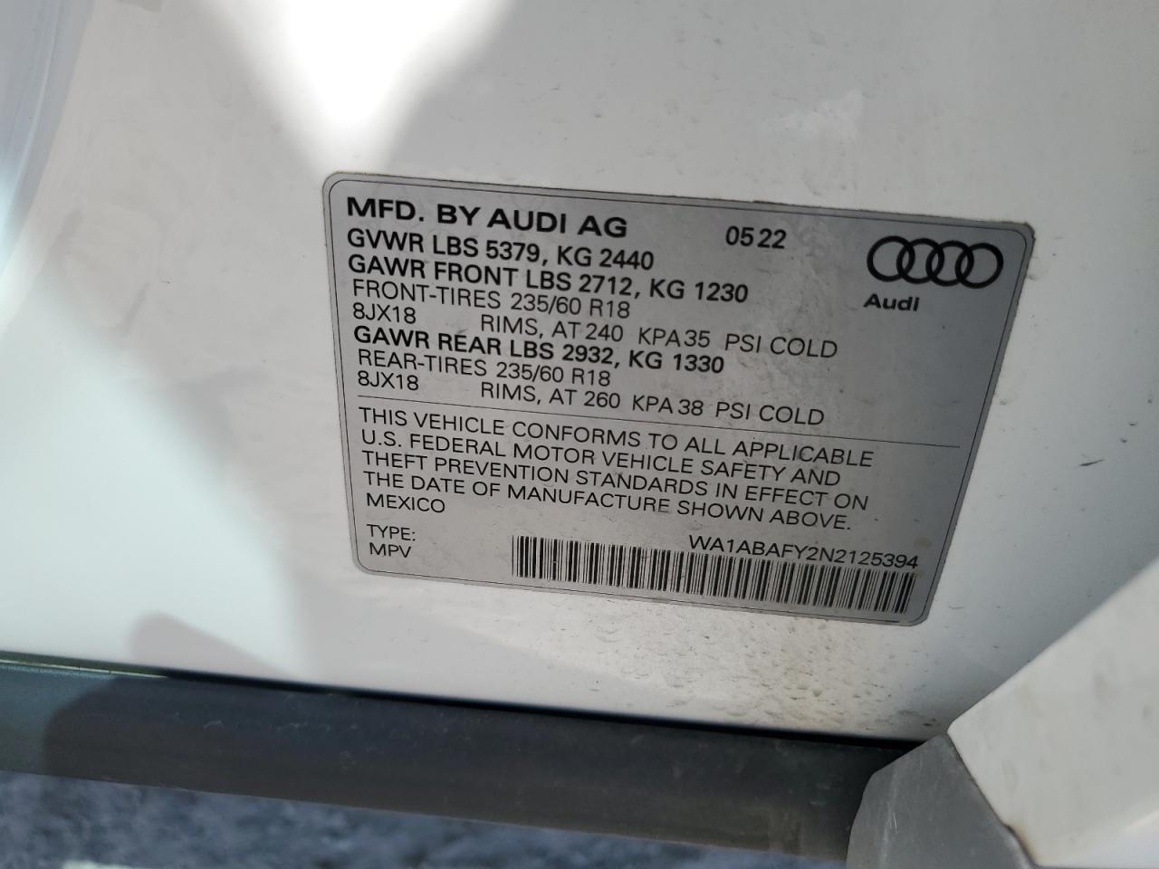 2022 AUDI Q5 PREMIUM 40 VIN:WA1ABAFY2N2125394