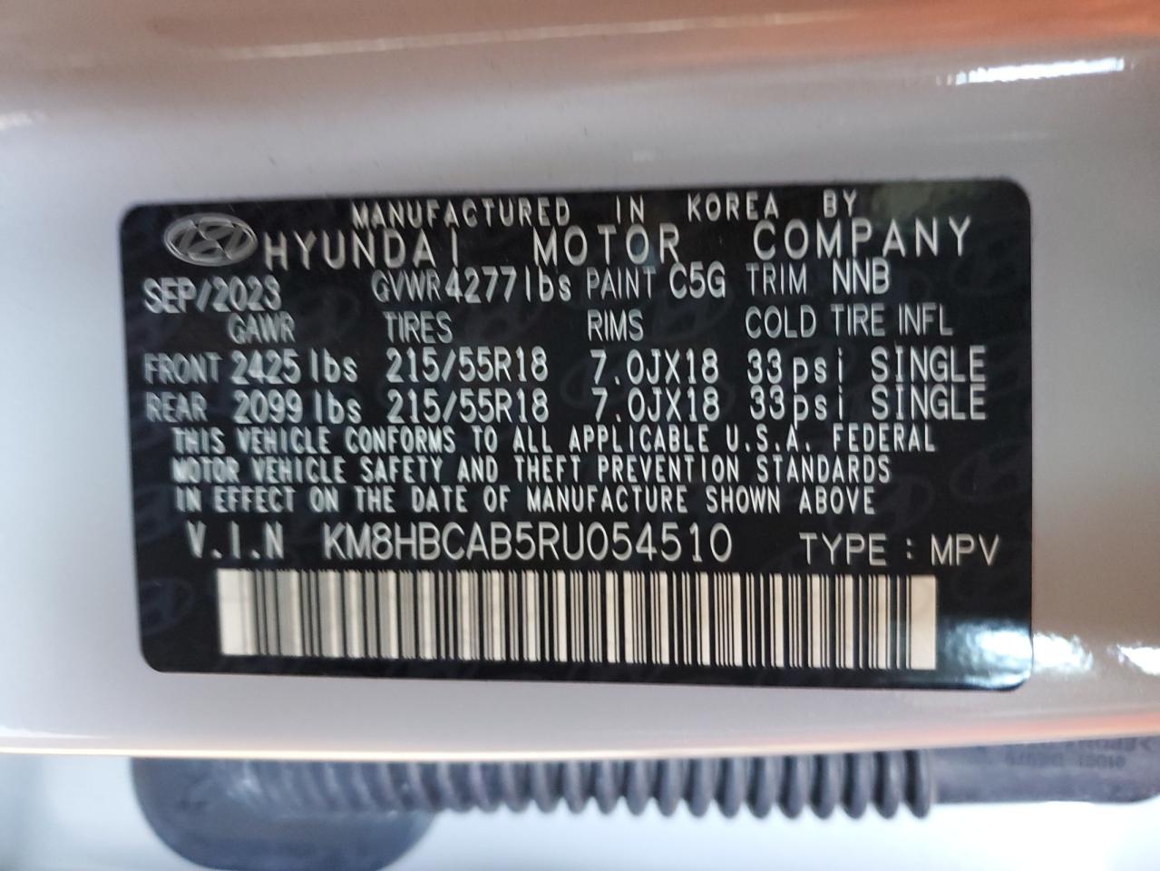 2024 HYUNDAI KONA SEL VIN:KM8HBCAB5RU054510