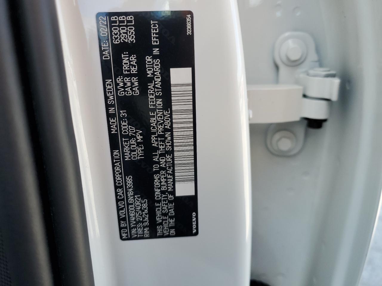 2022 VOLVO XC90 T8 RECHARGE INSCRIPTION VIN:YV4H600L6N1843985