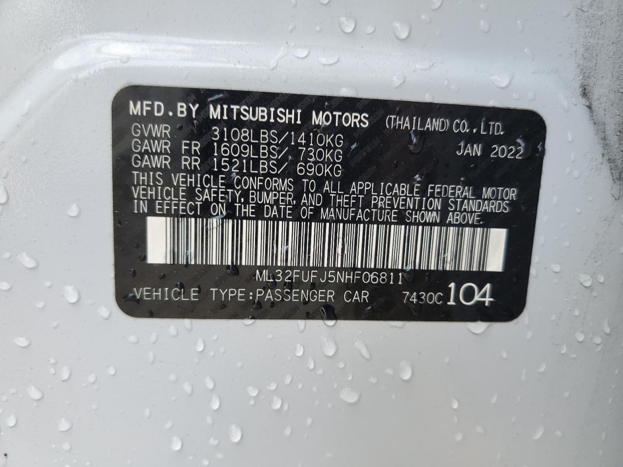 2022 MITSUBISHI MIRAGE G4 ES VIN:ML32FUFJ5NHF06811