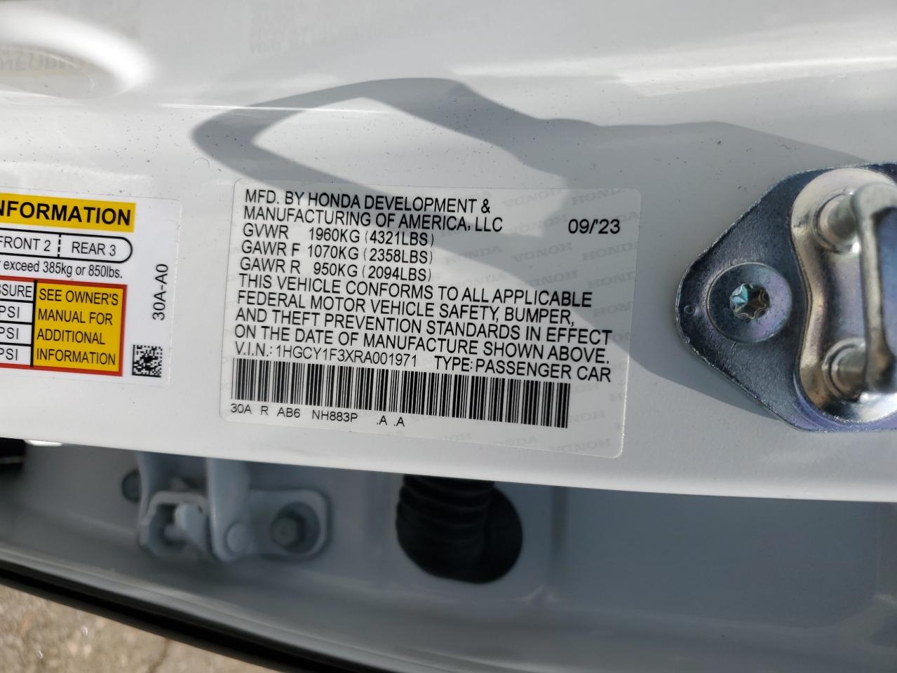 2024 HONDA ACCORD EX VIN:1HGCY1F3XRA001971