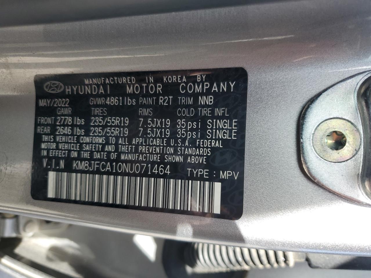 2022 HYUNDAI TUCSON SEL CONVENIENCE VIN:KM8JFCA10NU071464