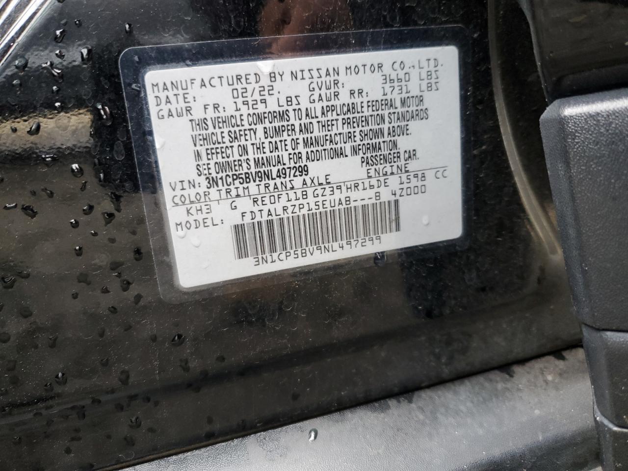 2022 NISSAN KICKS S VIN:3N1CP5BV9NL497299
