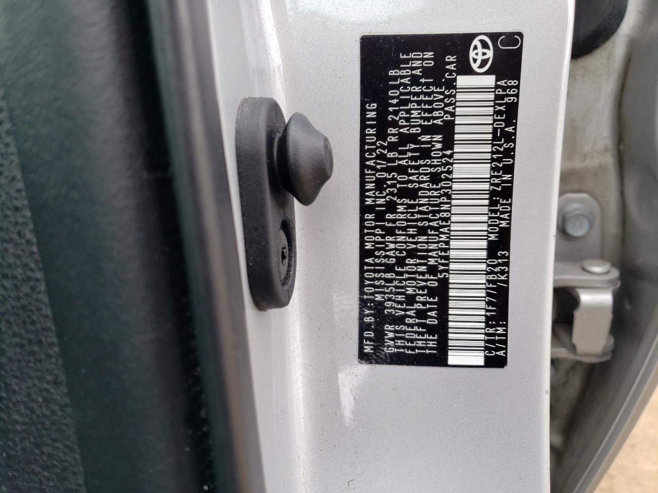 2022 TOYOTA COROLLA LE VIN:5YFEPMAE8NP302524