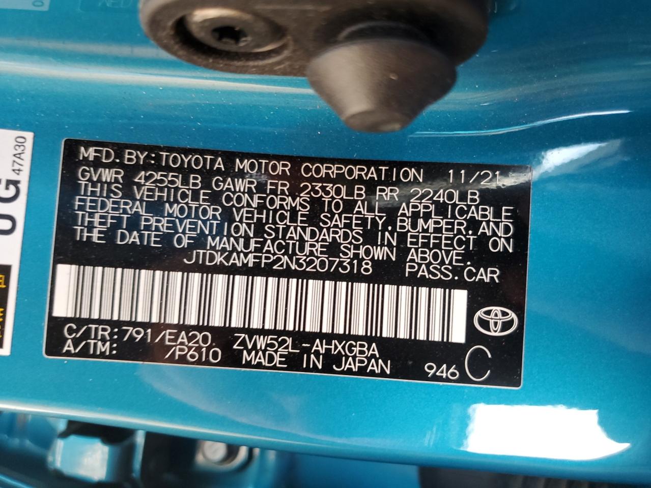 2022 TOYOTA PRIUS PRIME LE VIN:JTDKAMFP2N3207318