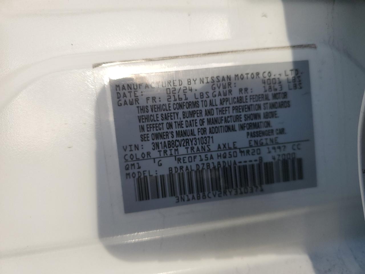 2024 NISSAN SENTRA SV VIN:3N1AB8CV2RY310371