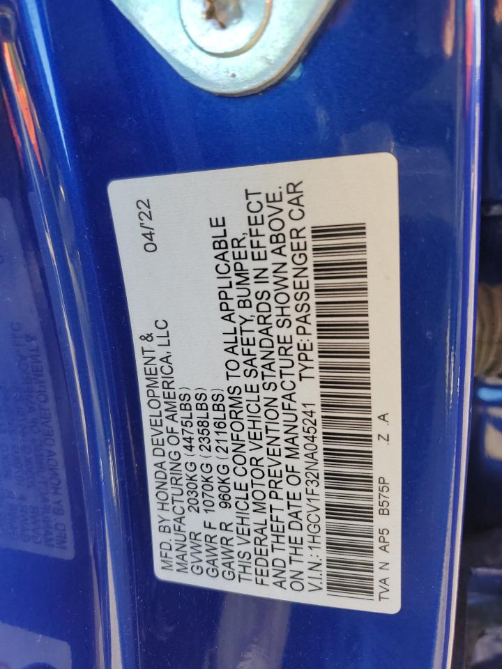 2022 HONDA ACCORD SPORT VIN:1HGCV1F32NA045241
