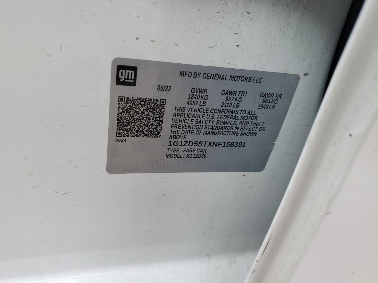 2022 CHEVROLET MALIBU LT VIN:1G1ZD5STXNF158391