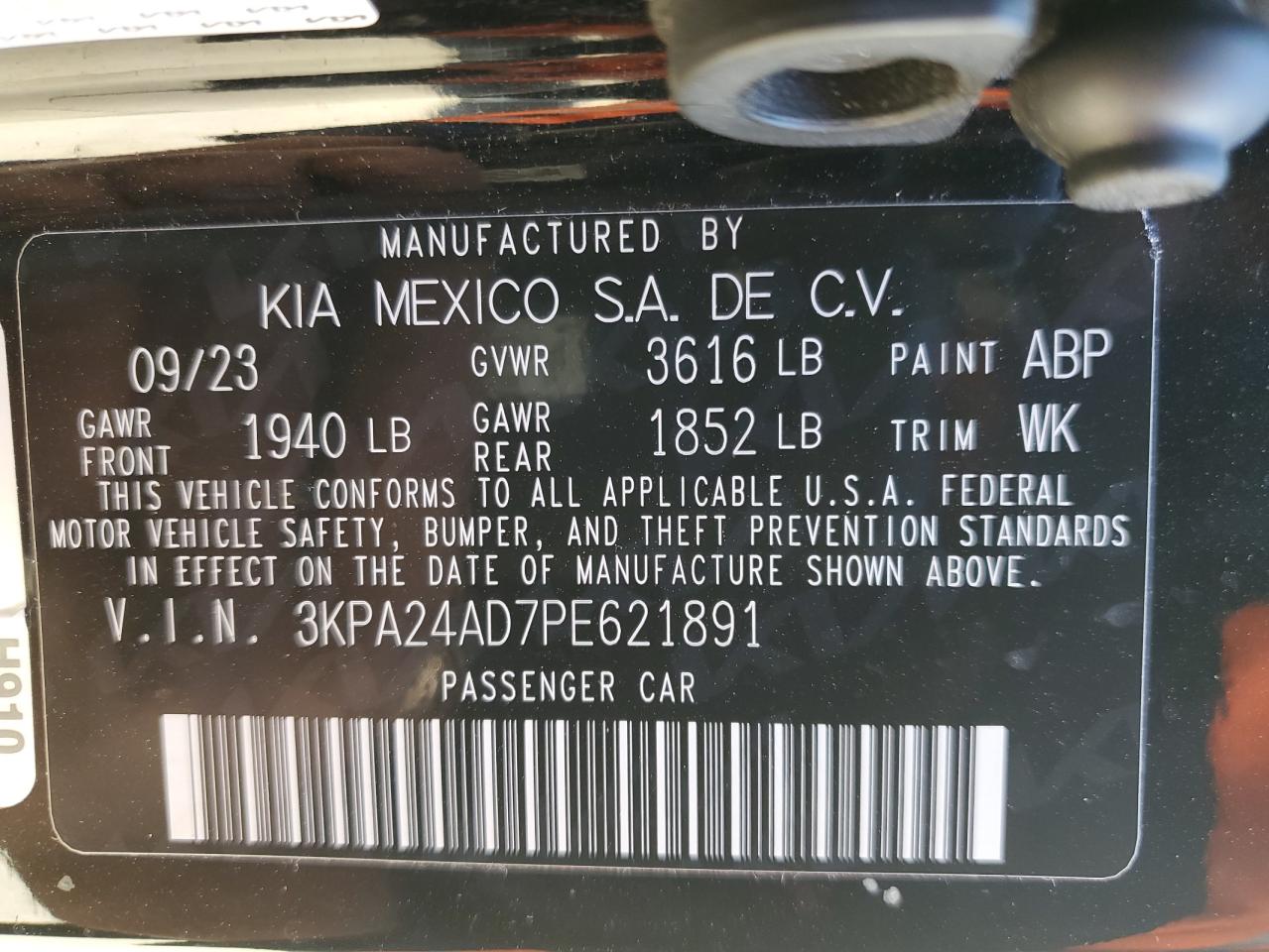 2023 KIA RIO LX VIN:3KPA24AD7PE621891