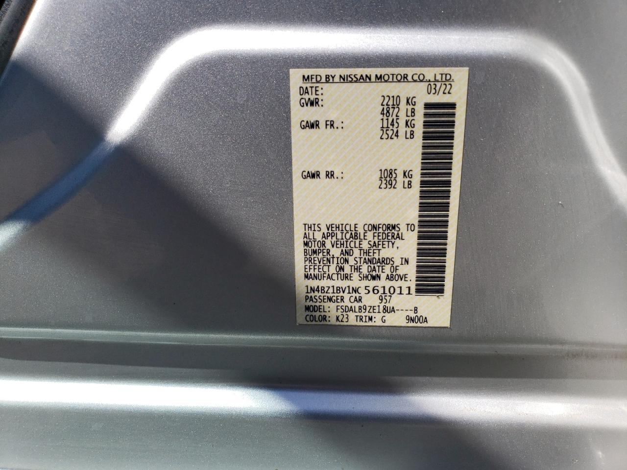 2022 NISSAN LEAF S PLUS VIN:1N4BZ1BV1NC561011