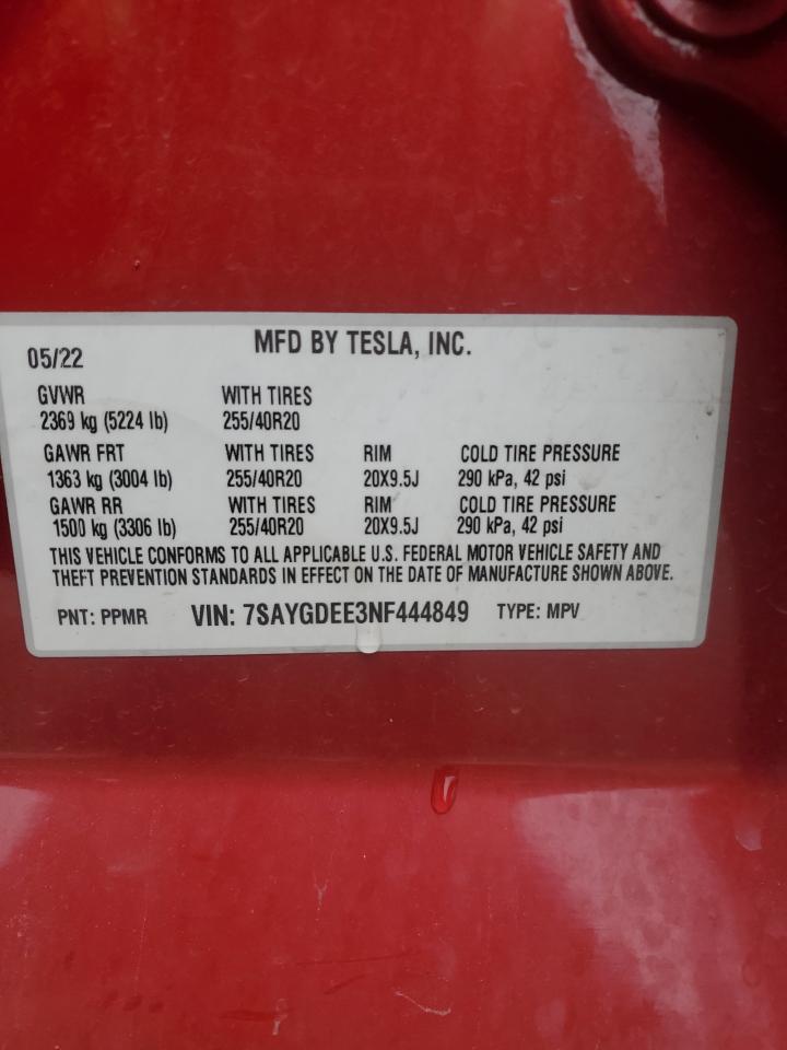 2022 TESLA MODEL Y  VIN:7SAYGDEE3NF444849