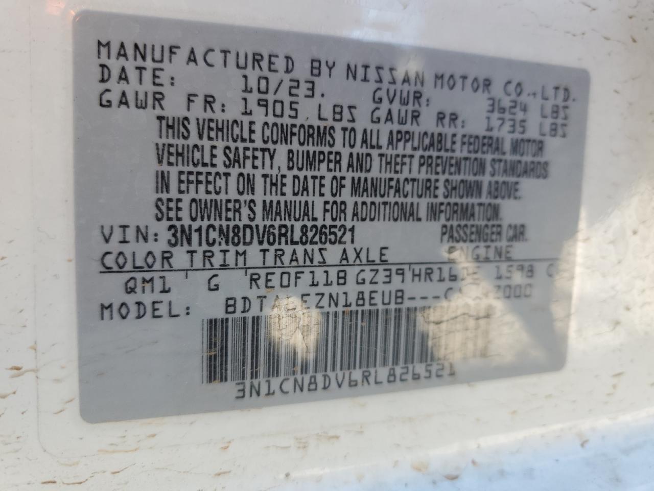 2024 NISSAN VERSA S VIN:3N1CN8DV6RL826521