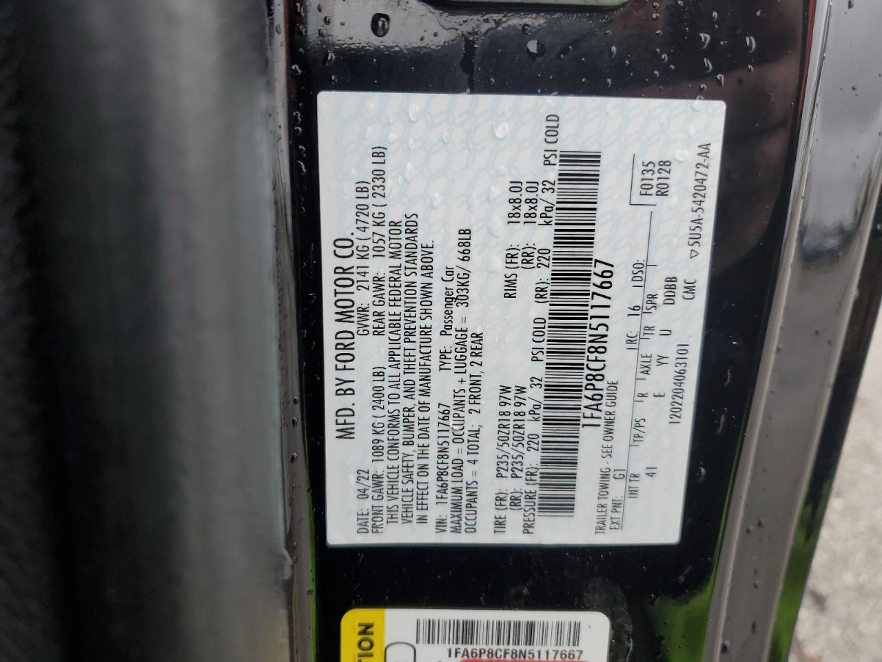 2022 FORD MUSTANG GT VIN:1FA6P8CF8N5117667