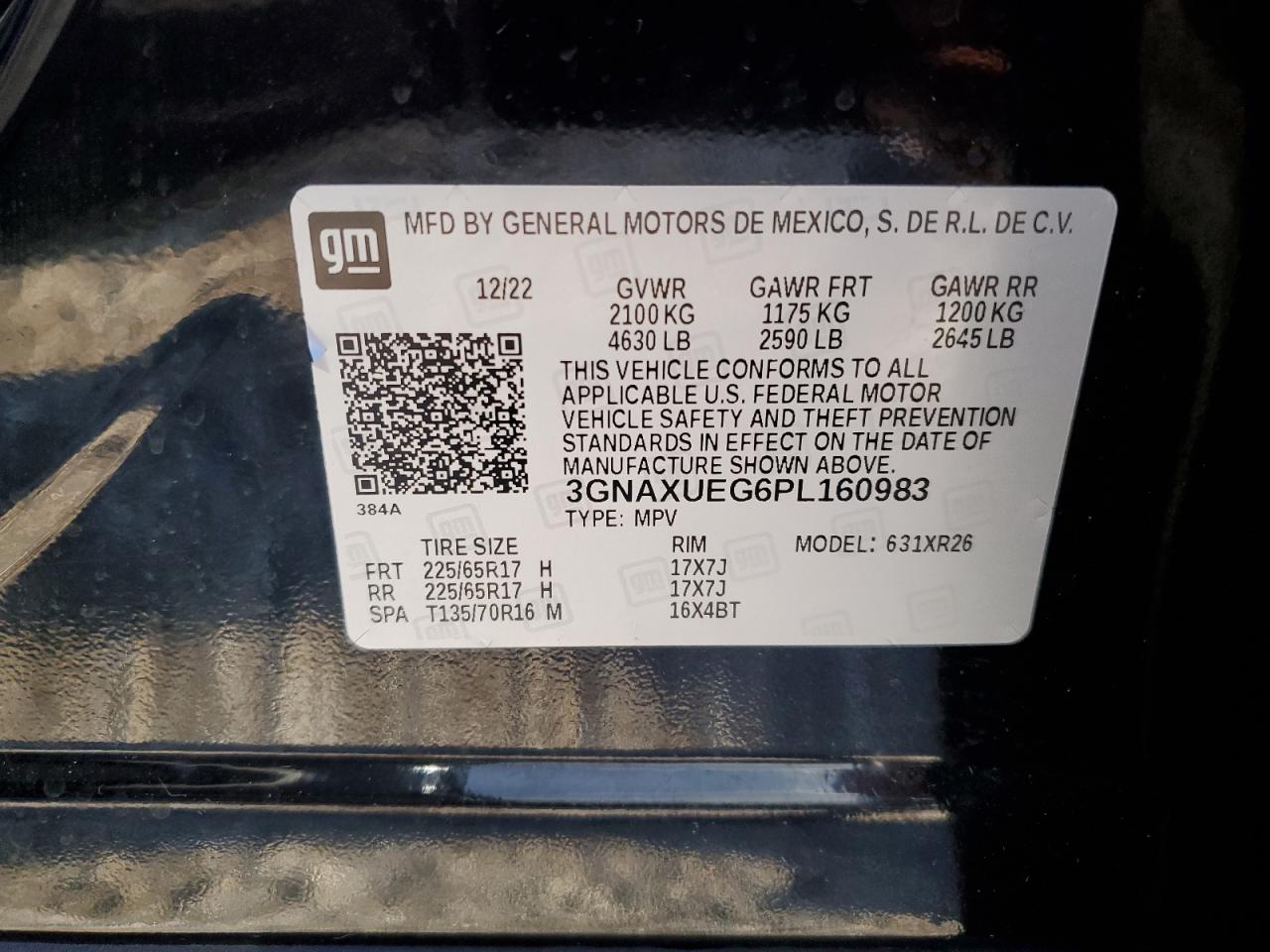 2023 CHEVROLET EQUINOX LT VIN:3GNAXUEG6PL160983