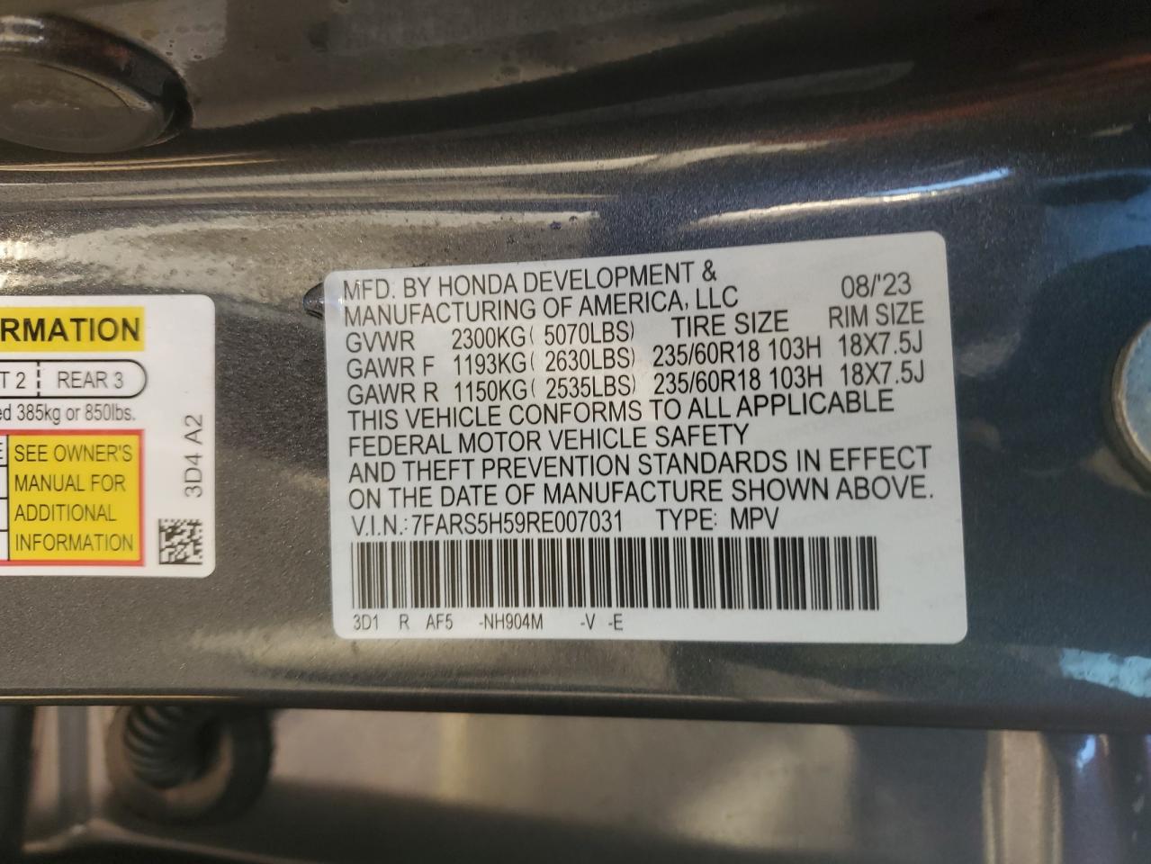 2024 HONDA CR-V SPORT VIN:7FARS5H59RE007031