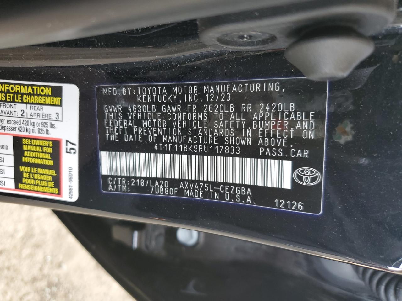 2024 TOYOTA CAMRY XLE VIN:4T1F11BK9RU117833
