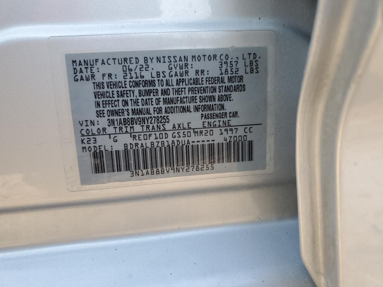 2022 NISSAN SENTRA S VIN:3N1AB8BV9NY278255
