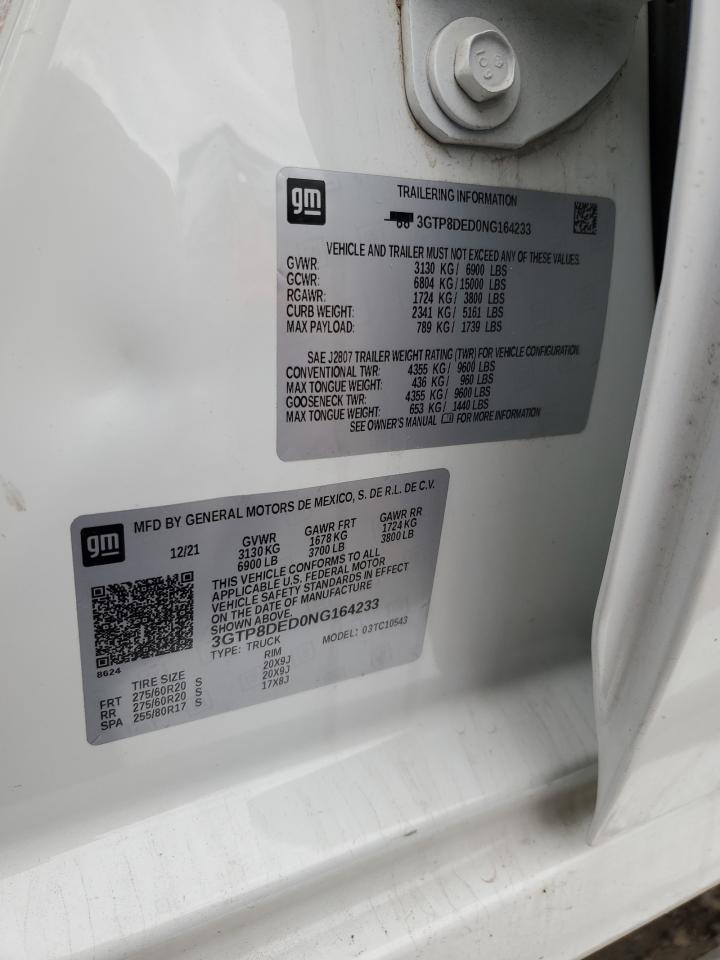 2022 GMC SIERRA LIMITED C1500 SLT VIN:3GTP8DED0NG164233