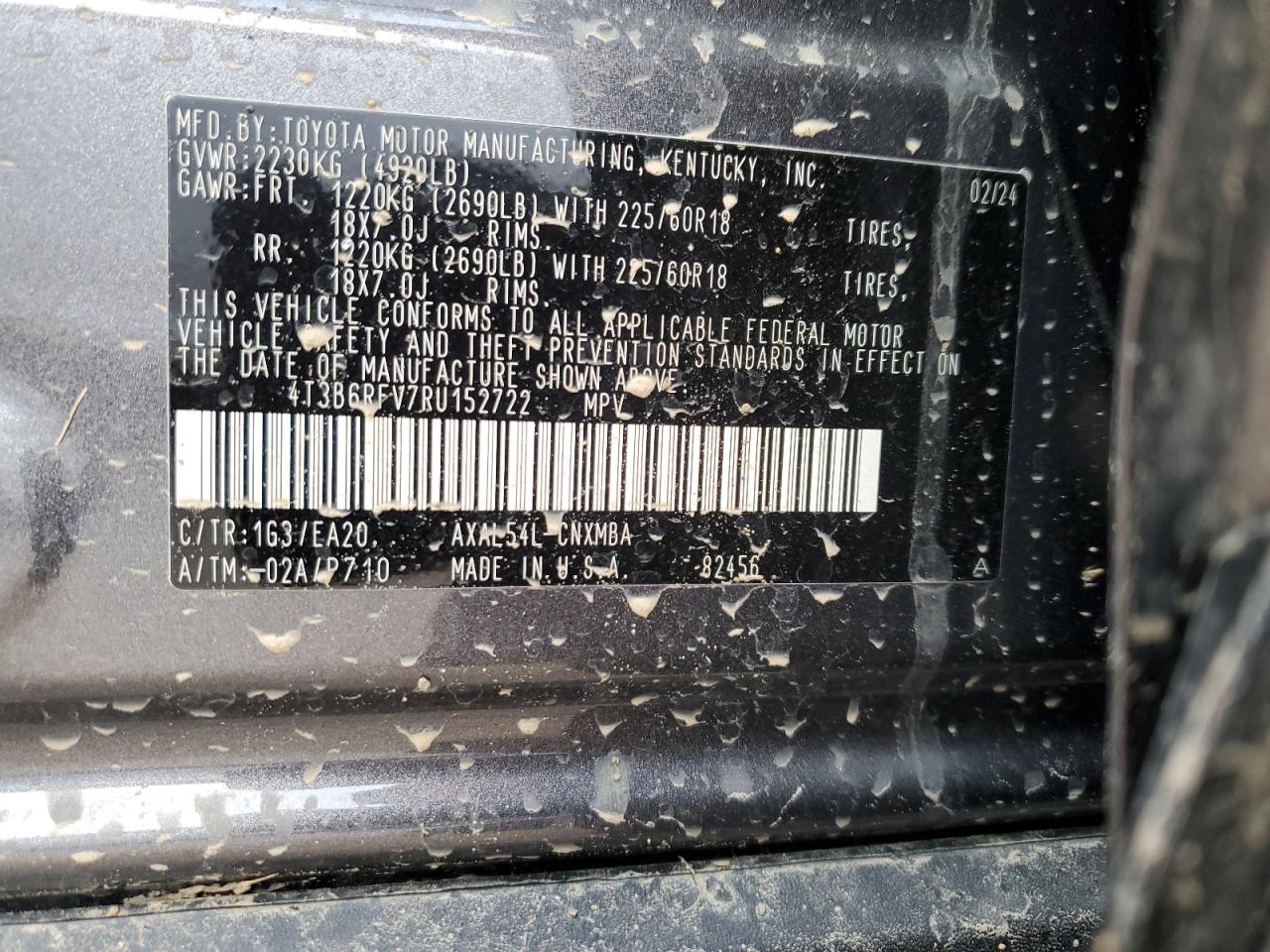 2024 TOYOTA RAV4 XLE PREMIUM VIN:4T3B6RFV7RU152722