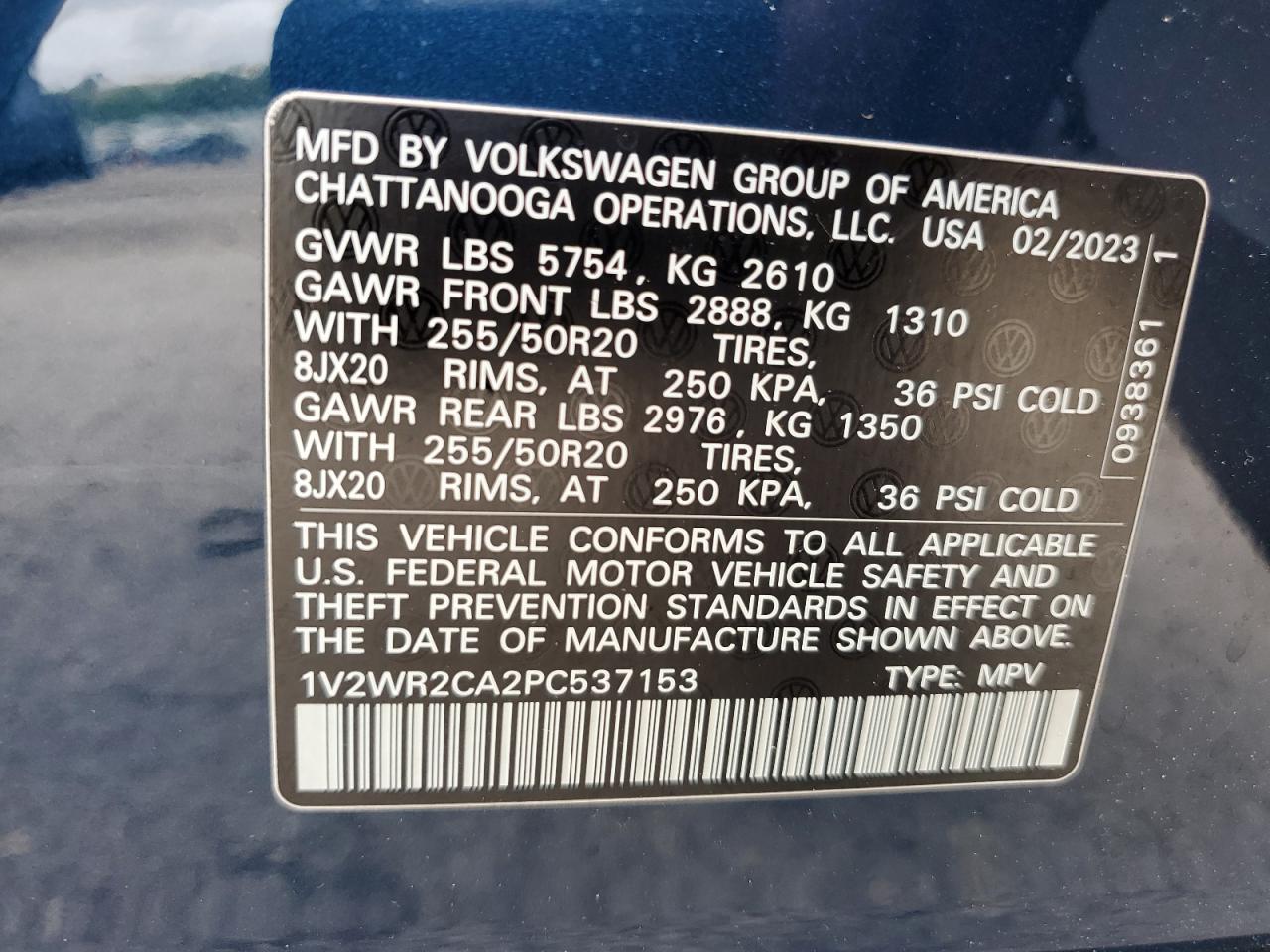 2023 VOLKSWAGEN ATLAS SE VIN:1V2WR2CA2PC537153