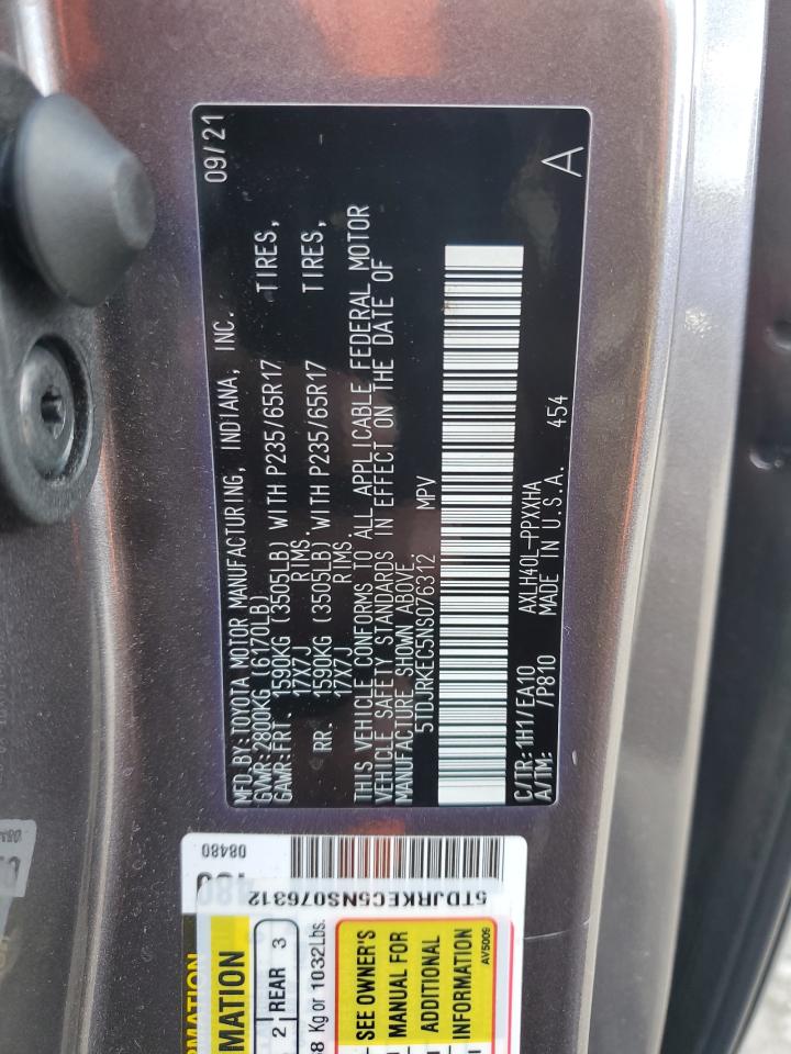 2022 TOYOTA SIENNA XLE VIN:5TDJRKEC5NS076312