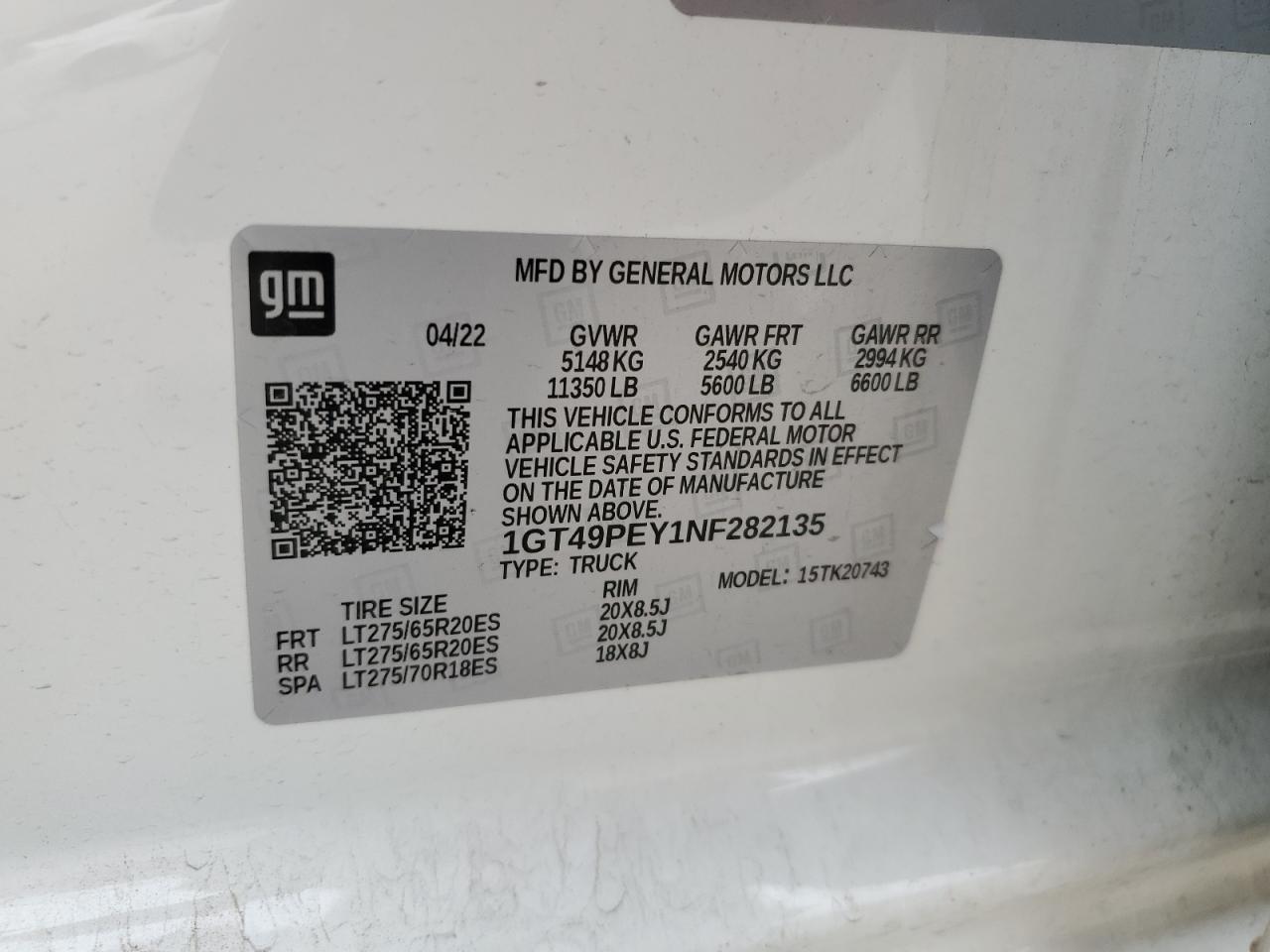 2022 GMC SIERRA K2500 AT4 VIN:1GT49PEY1NF282135