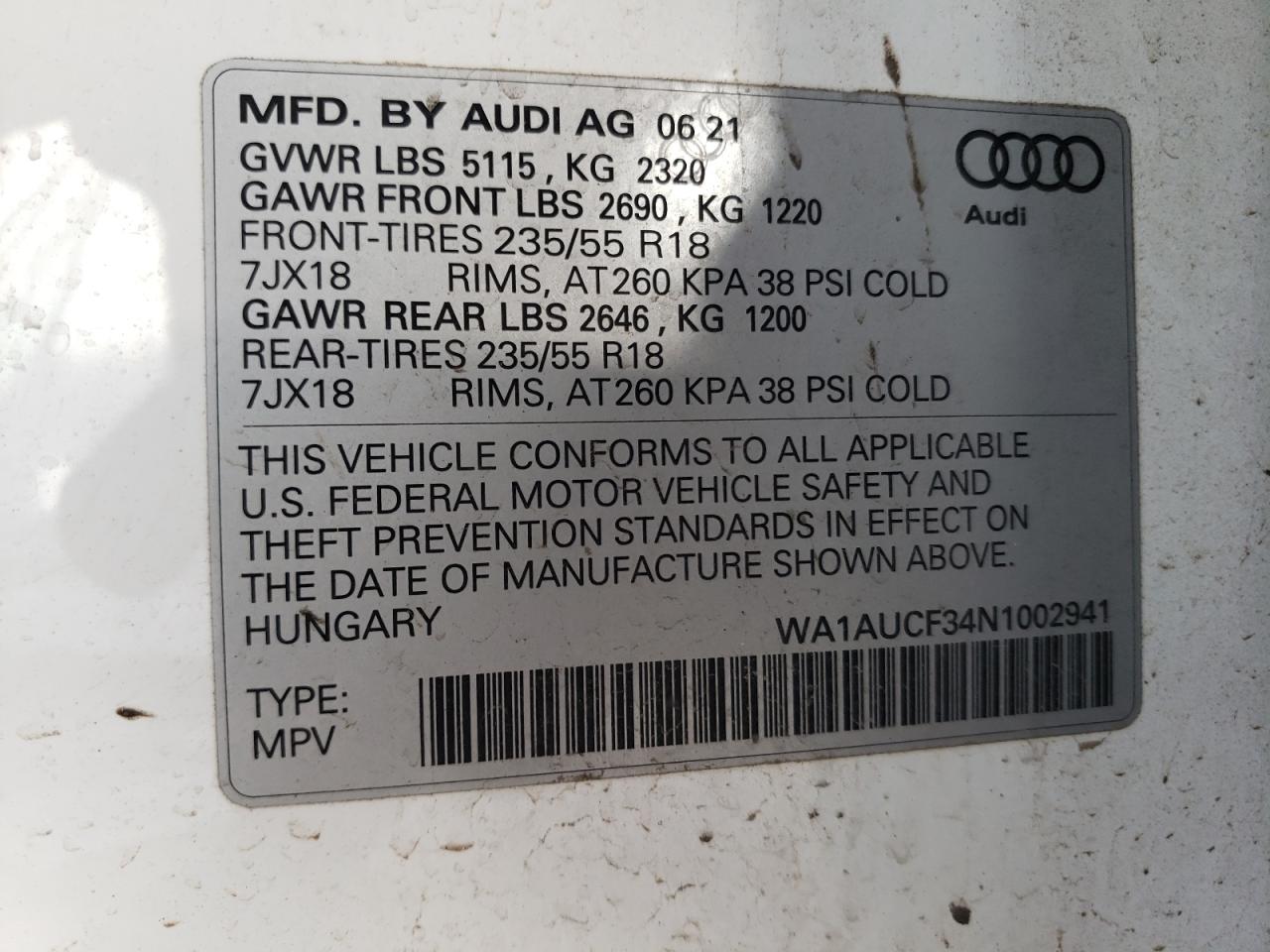 2022 AUDI Q3 PREMIUM 40 VIN:WA1AUCF34N1002941