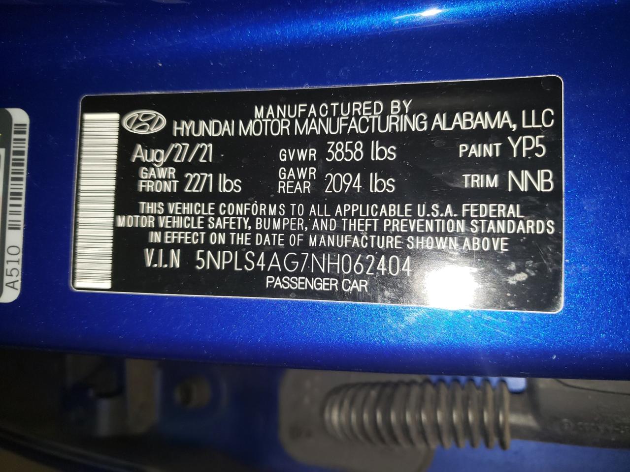 2022 HYUNDAI ELANTRA SEL VIN:5NPLS4AG7NH062404