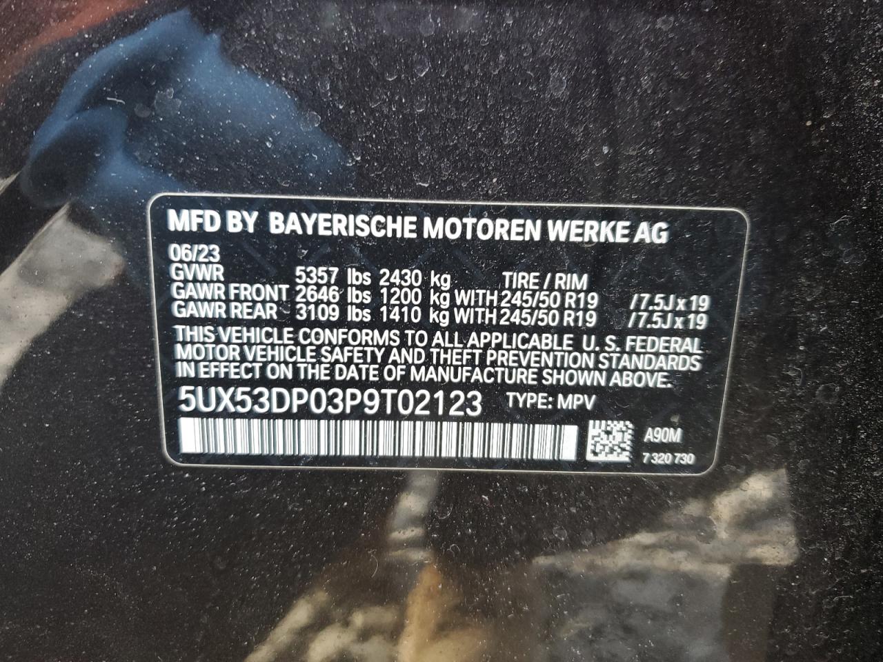 2023 BMW X3 XDRIVE30I VIN:5UX53DP03P9T02123