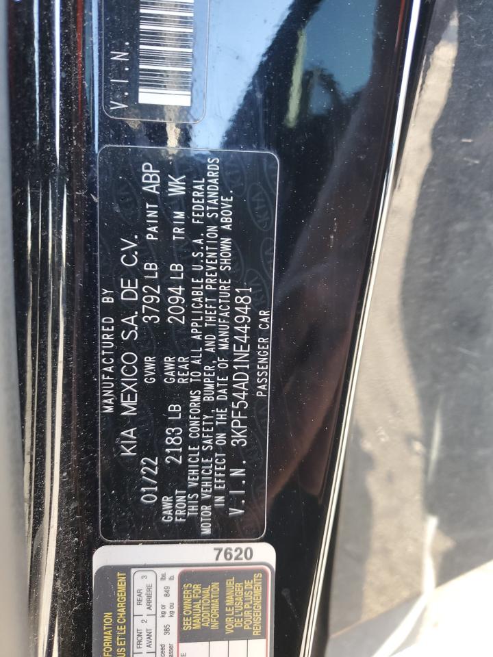 2022 KIA FORTE GT LINE VIN:3KPF54AD1NE449481