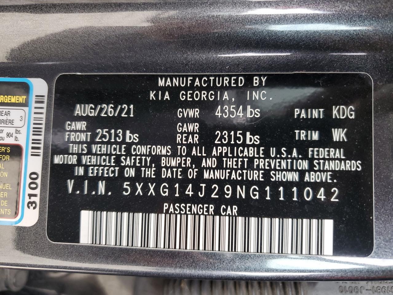 2022 KIA K5 LXS VIN:5XXG14J29NG111042