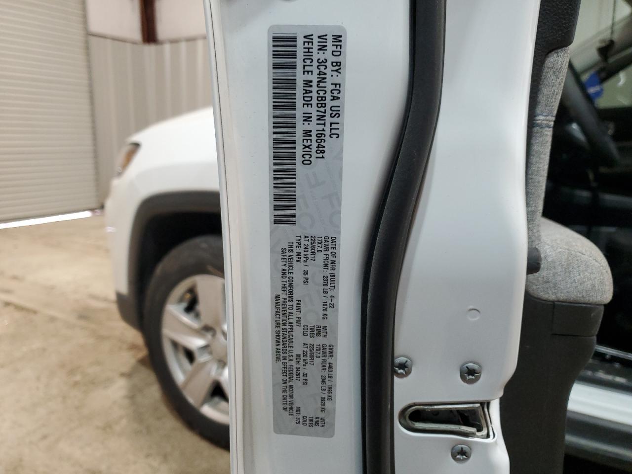 2022 JEEP COMPASS LATITUDE VIN:3C4NJCBB7NT166481