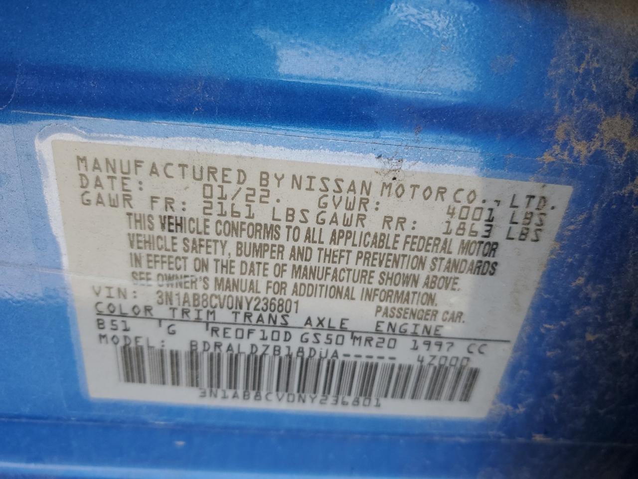 2022 NISSAN SENTRA SV VIN:3N1AB8CV0NY236801