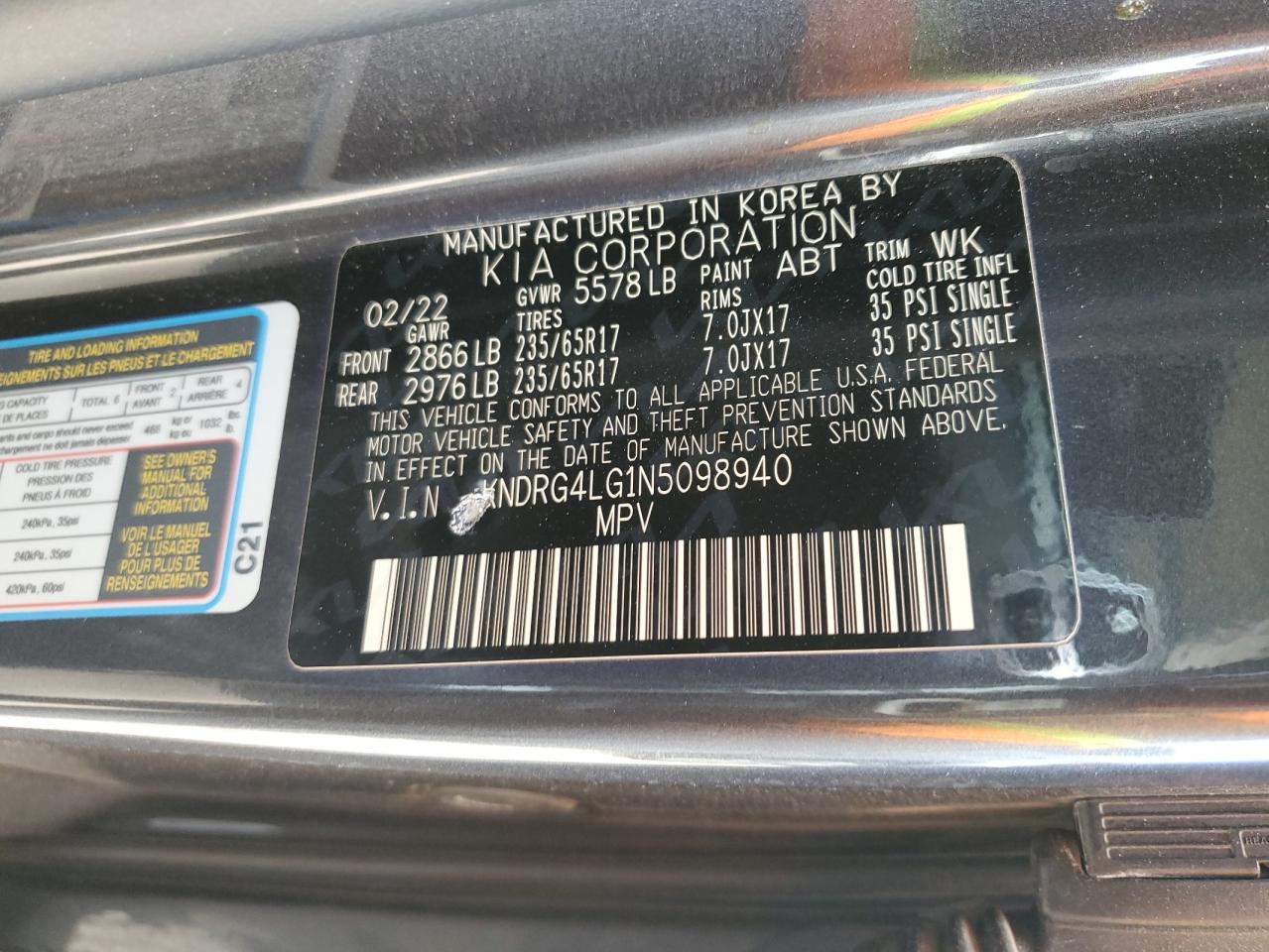 2022 KIA SORENTO S VIN:KNDRG4LG1N5098940