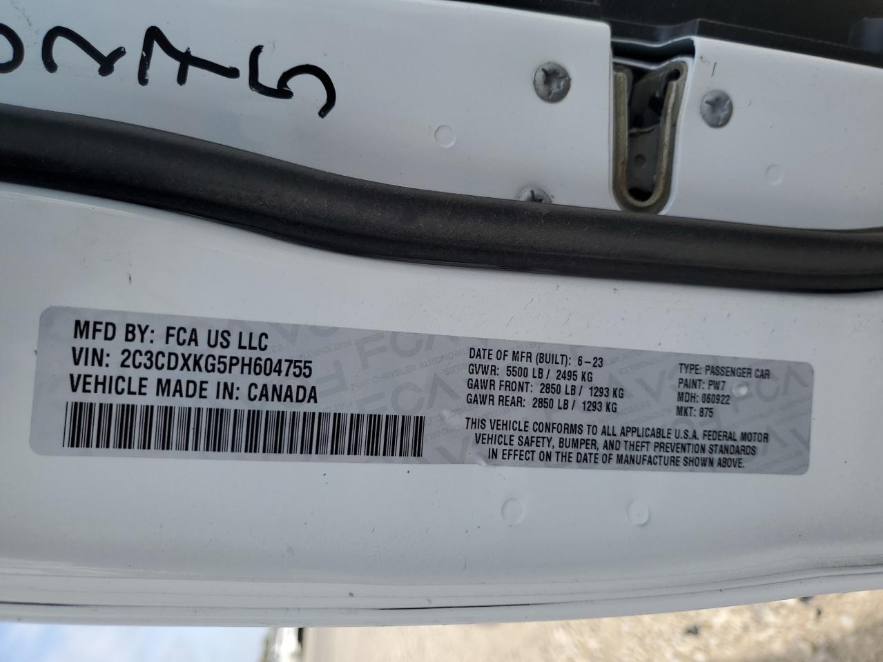 2023 DODGE CHARGER POLICE VIN:2C3CDXKG5PH604755