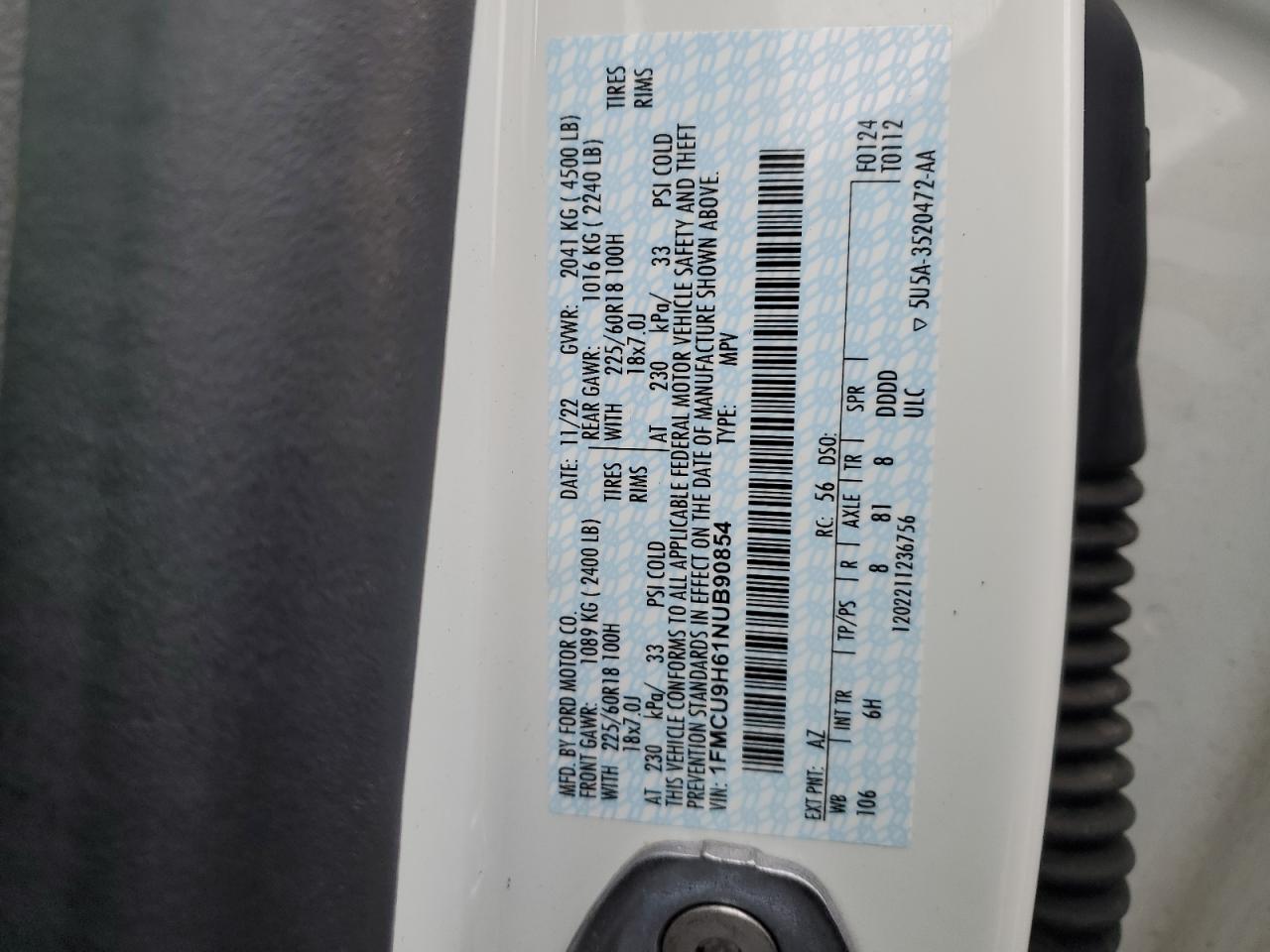 2022 FORD ESCAPE SEL VIN:1FMCU9H61NUB90854