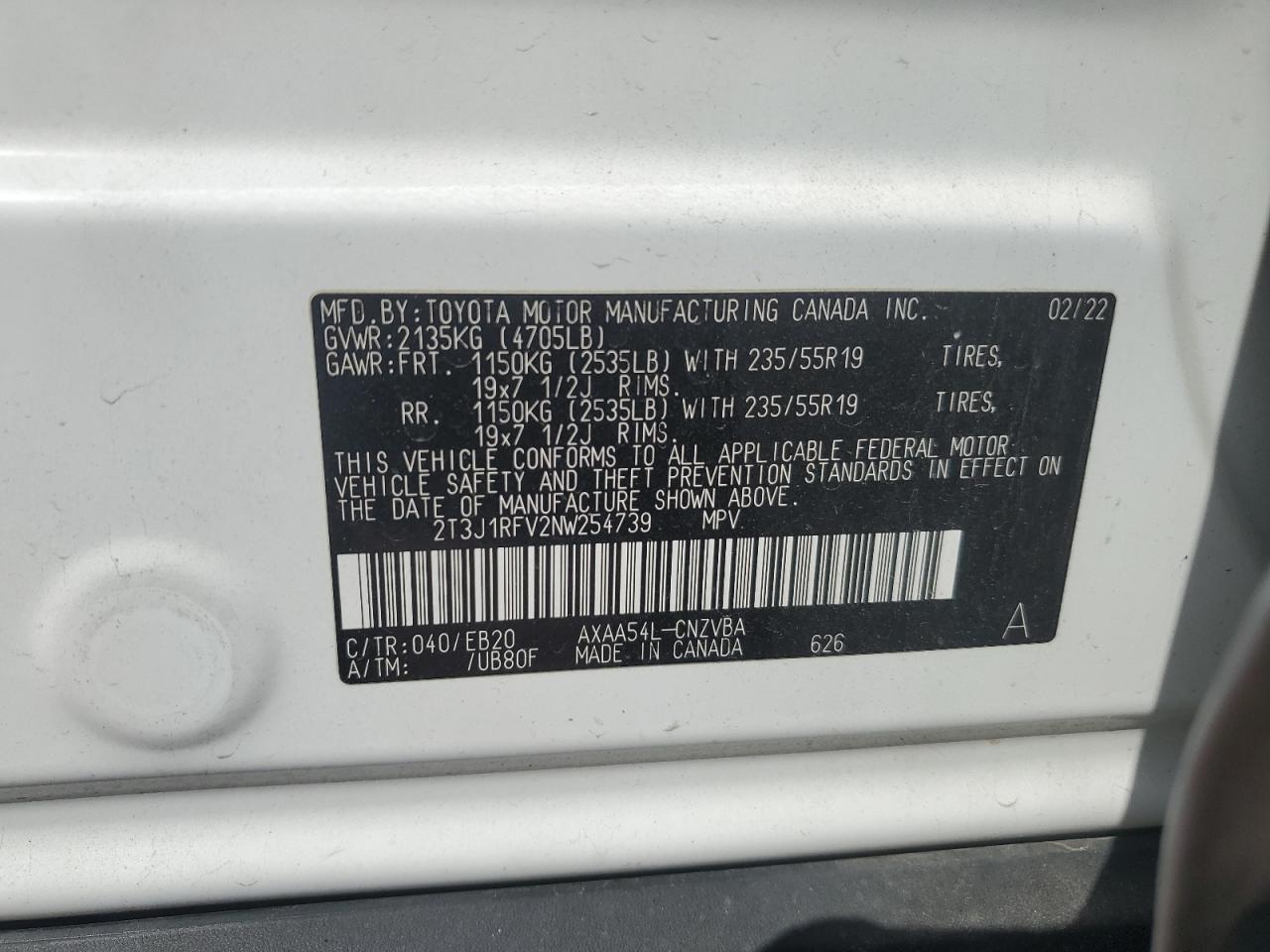 2022 TOYOTA RAV4 ADVENTURE VIN:2T3J1RFV2NW254739