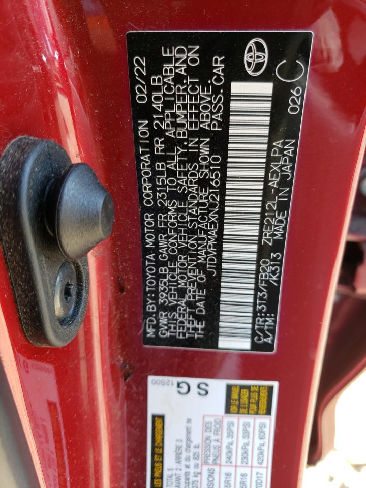 2022 TOYOTA COROLLA LE VIN:JTDVPMAEXNJ216510