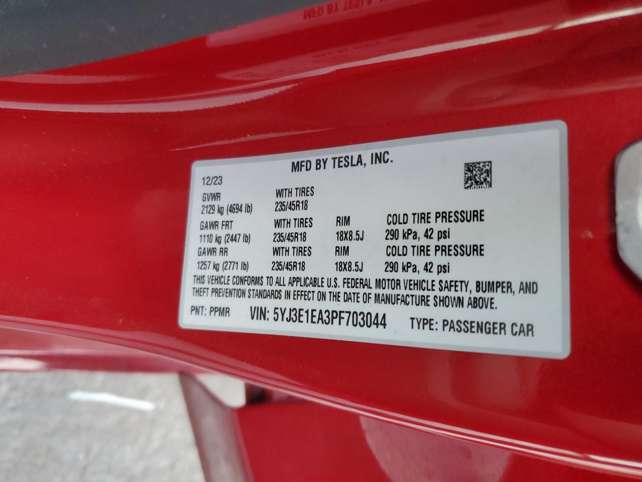 2023 TESLA MODEL 3  VIN:5YJ3E1EA3PF703044